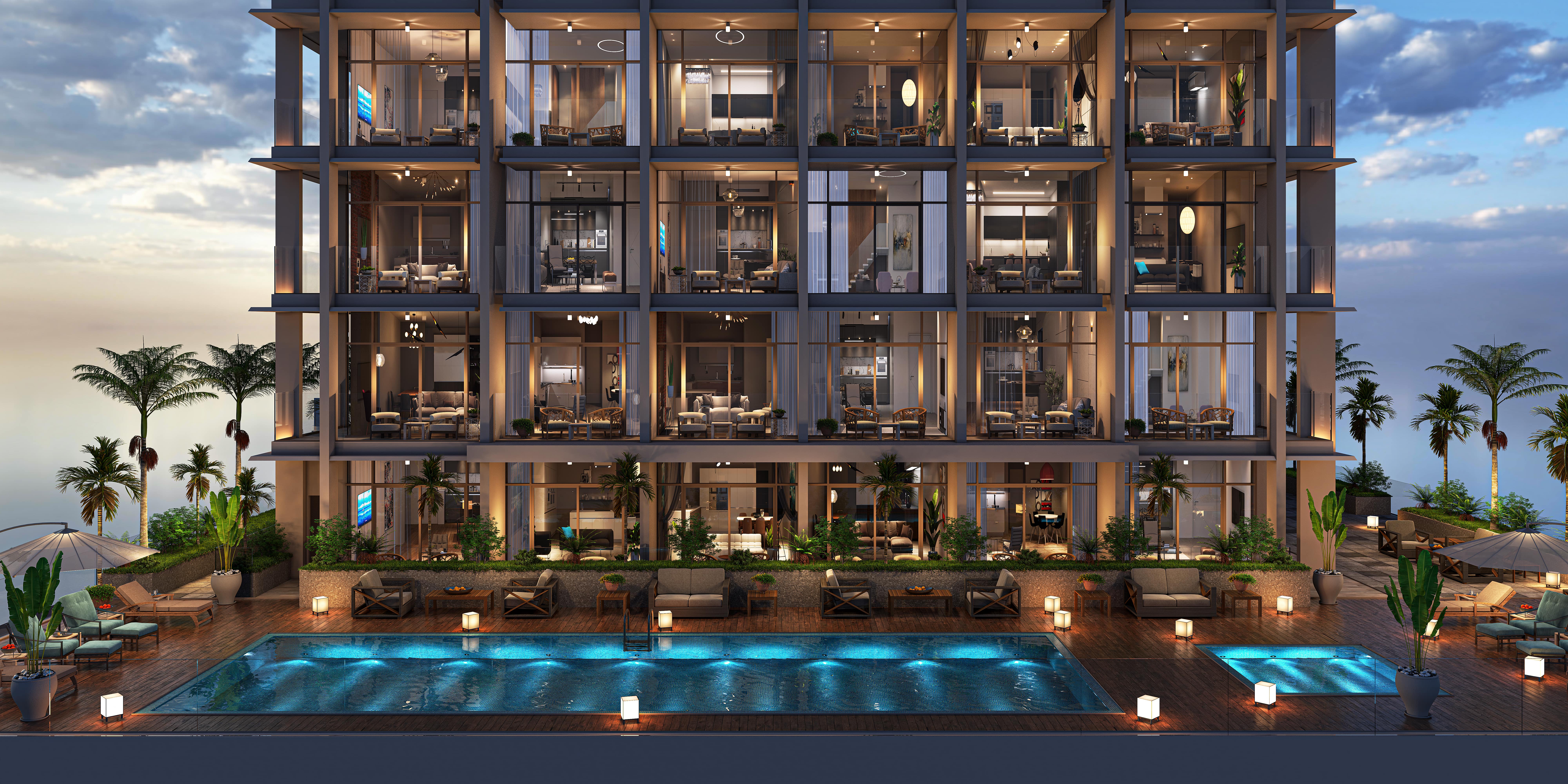 Hyde Walk By Imtiaz A modern building with glass balconies, a pool, and landscaped greenery under a twilight sky.